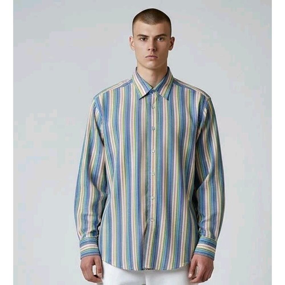 Robert Graham Shirt Men's Blue Striped Button Up Colorful Work Flip Cuff | M EUC
